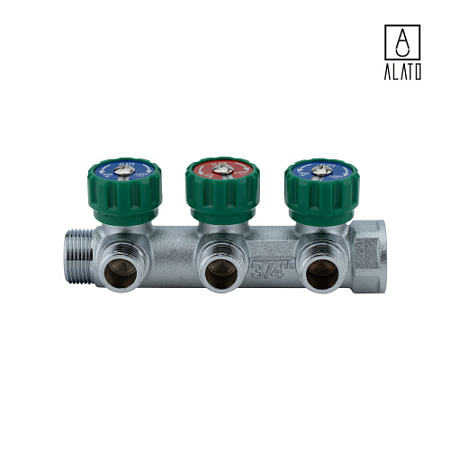 Регулирующий коллектор, подключение 1/2" (под плоское улоптнение) 3 вых., 0311-0003, 3/4" х 3 х 1/2"