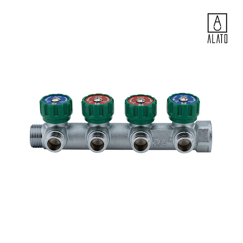 Регулирующий коллектор, подключение 1/2&amp;quot; (под плоское улоптнение) 4 вых., 0311-0004, 3/4&amp;quot; х 4 х 1/2&amp;quot;